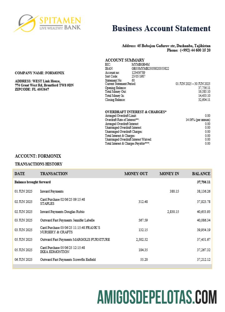 Declaração empresarial da Spitamen do Tajiquistão em formato Word e PDF